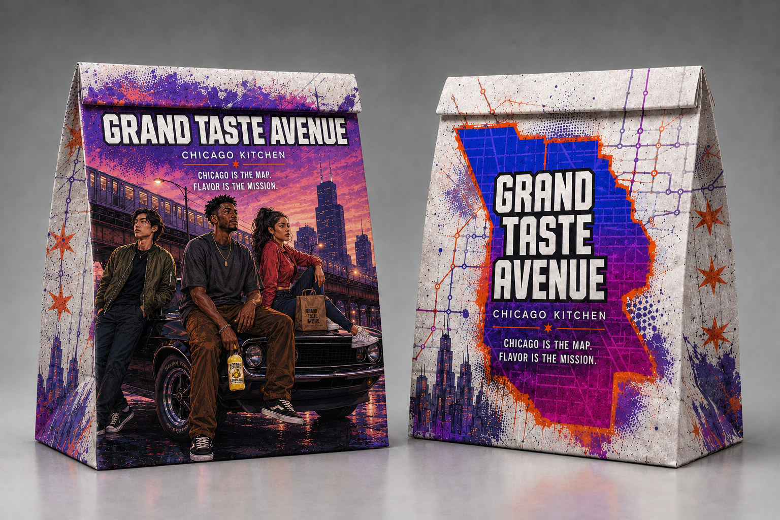 Grand Taste Avenue front and back takeout bag designs