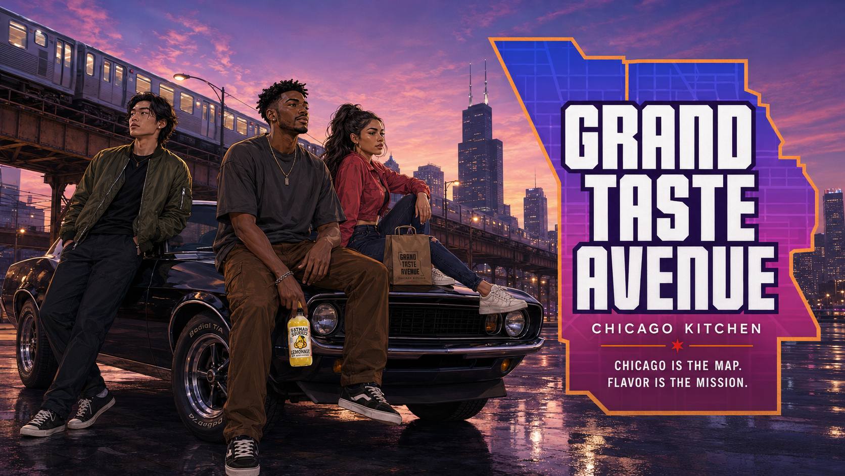 Three friends beside a classic car under the Chicago L at sunset